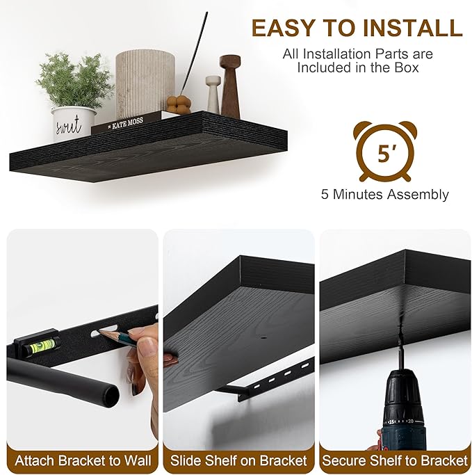 30 Inch Floating Shelves, Rustic Floating Wall Shelves 8 Inch Deep, 30 x 8 Floating Shelves for Home Decor, Deep Display & Storage Shelves for Kitchen, Bathroom, Living Room, Black Color, Set of 2-CasaMuseHome