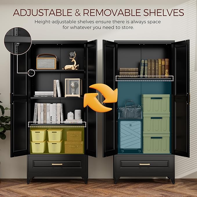 75" Kitchen Pantry Cabinet with Drawer, Metal Storage Cabinets with Doors and Adjustable Shelves, Black Tall Pantry Cabinet for Dinning Living Room, Home Office-CasaMuseHome