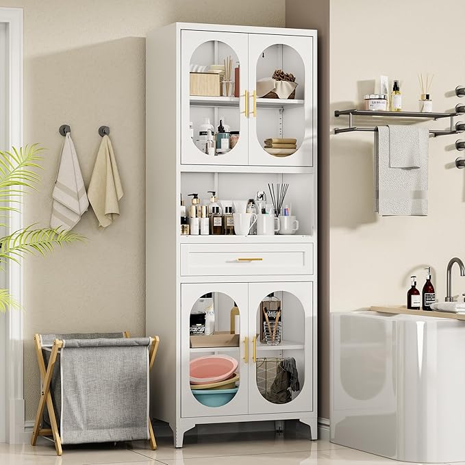 75” Tall Kitchen Pantry Storage Cabinet, Metal Storage Cabinet with 1 Drawer and Adjustable Shelves, Kitchen Pantry Cupboard, Freestanding Cupboard for Bathroom, Living Room (White-Glass Door)-CasaMuseHome