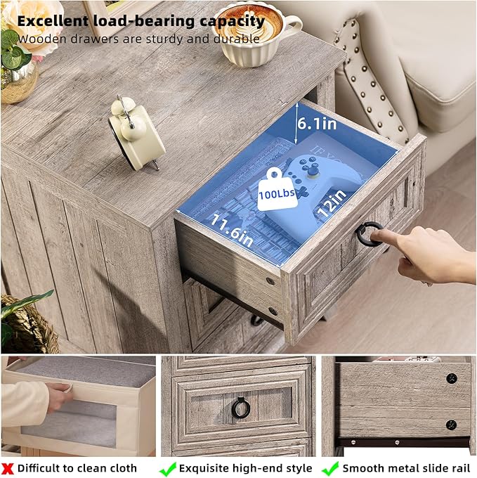 18" Farmhouse Night Stand with 3 Drawers, Wood End Table Dresser for Bedroom, Retro Oak Nightstand, Bed Side Table with Metal Handle, Bedside Cabinet for Bedroom Living Room, Closet-CasaMuseHome