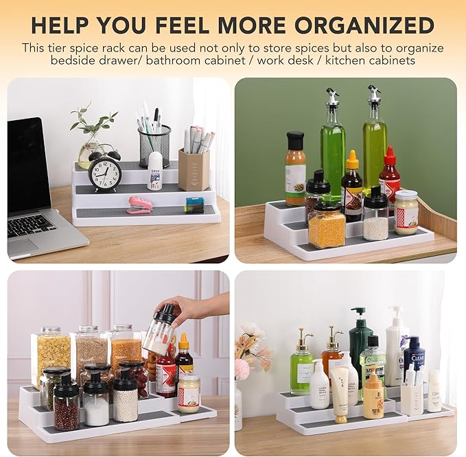 3 Tier Expandable Spice Rack Organizer, Plastic Spice Rack, Adjustable Length 14.6In-25.8In, Non-Skid Tiered Spice Shelf Organizer for Kitchen Cabinet, Cupboard, Pantry, White/Grey-CasaMuseHome