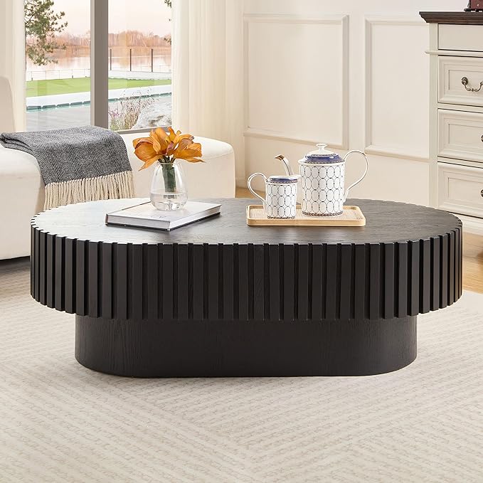 43.7" Oval Coffee Table for Living Room,Modern Handcraft Drum Coffee TableSmall Wooden Coffee Table with Sturdy Pedestal Easy Assembly for Office-Black-CasaMuseHome