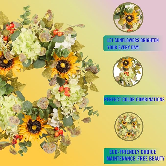 20IN Sunflower Wreath for Front Door Summer Hydrangea Wreath with Eucalyptus Leaves Orange Berries Farmhouse Door Decor for Easter, Mother’s Day, Indoor Outdoor Seasonal Wall Hanging-CasaMuseHome