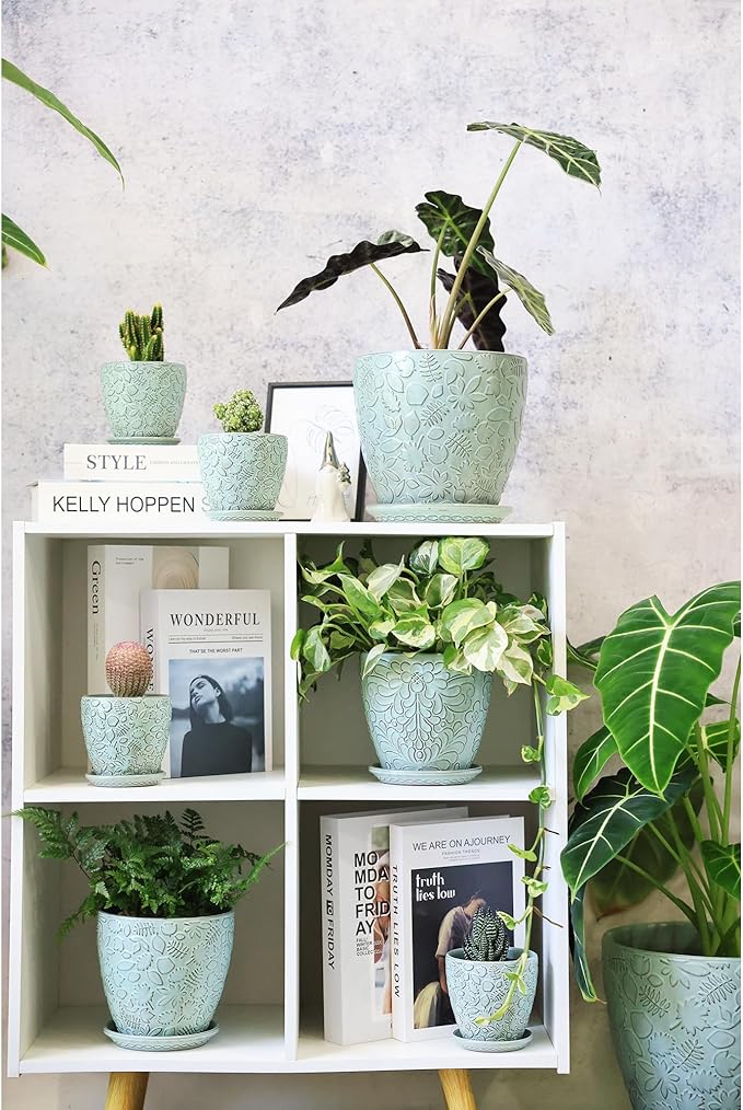 8 Inch + 6 Inch Plant Pots for Indoor Plants, Ceramic Planter with Drainage Hole and Saucers, Garden Pots for Succulent, Orchid, and Flower, Set of 2-CasaMuseHome