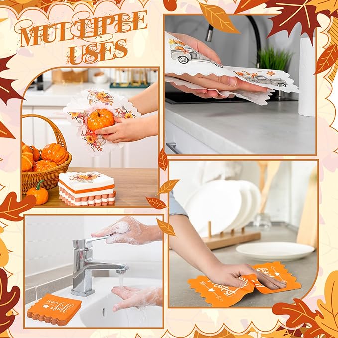150 Pcs 5 x 5 Inches Fall Thanksgiving Paper Napkins Autumn Pumpkin Scalloped Cocktail Napkins for Decoupage Disposable Autumn Harvest Party Supply Bathroom Table Dessert Dinner Wedding Decor-CasaMuseHome