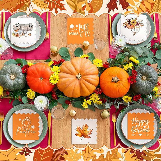 150 Pcs 5 x 5 Inches Fall Thanksgiving Paper Napkins Autumn Pumpkin Scalloped Cocktail Napkins for Decoupage Disposable Autumn Harvest Party Supply Bathroom Table Dessert Dinner Wedding Decor-CasaMuseHome