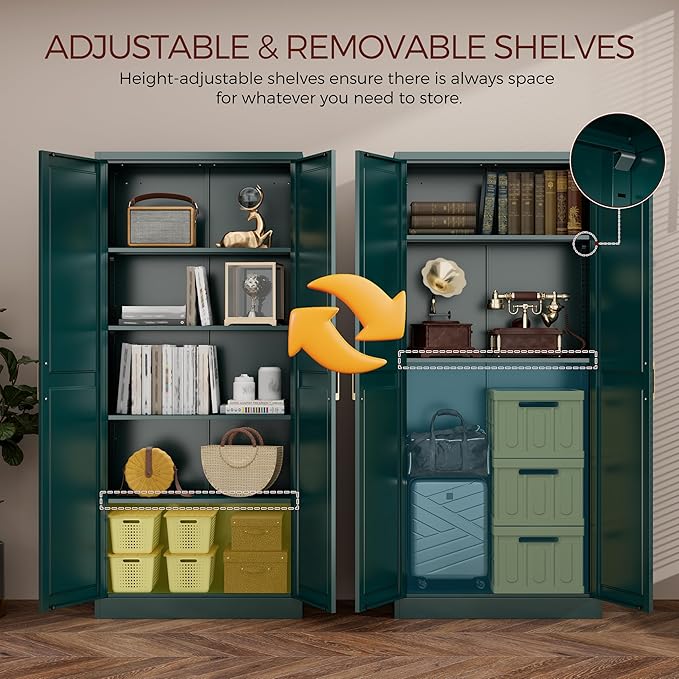 71" Metal Pantry Cabinet, Tall Kitchen Pantry Storage Cabinet with 4 Adjustable Shelves and Gold Handles, Green Cupboard for Kitchen, Dining Room, Living Room-CasaMuseHome