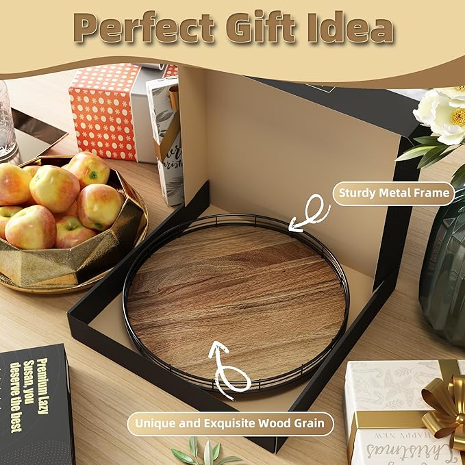 Acacia Wood 13" Lazy Susan Turntable Organizer for Table Top, Farmhouse Round Wooden Lazy Susan for Cabinet Kitchen Centerpieces Coffee Table, for Condiments Spices, Bathroom Vanity Tray Decor-CasaMuseHome