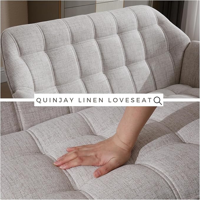 48" Small Loveseat Sofa, Modern Linen Fabric Mini Sofa Couch 2-Seater Love Seat with Quilting Backs and Wood Legs for Living Room, Bedroom and Small Space, Beige-CasaMuseHome