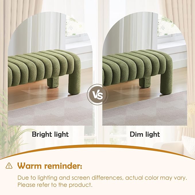 43.3" Bedroom Bench, Upholstered Entryway Bench, Modern End of Bed Ottoman with Solid Wood Legs and Adjustable Foot Pegs for Entryway, Dining Room and Living Room (Green Boucle)-CasaMuseHome