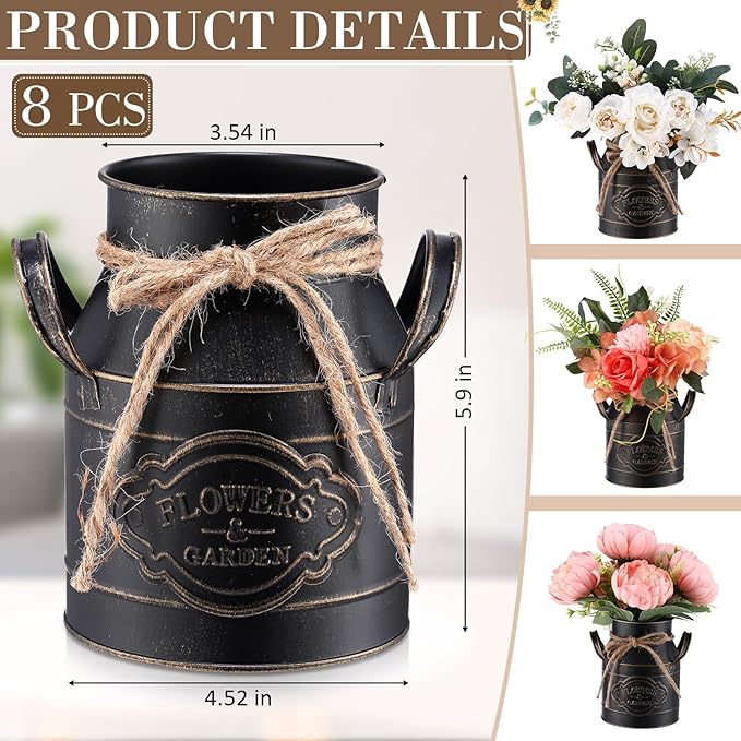 6 Inch Farmhouse Vase Decor Milk Can Vintage Flower Jug Galvanized Metal Vase with Handle Rustic Flower Buckets for Thanksgiving Christmas Table Centerpiece Weddings Gifts(Black,8 Pcs)-CasaMuseHome