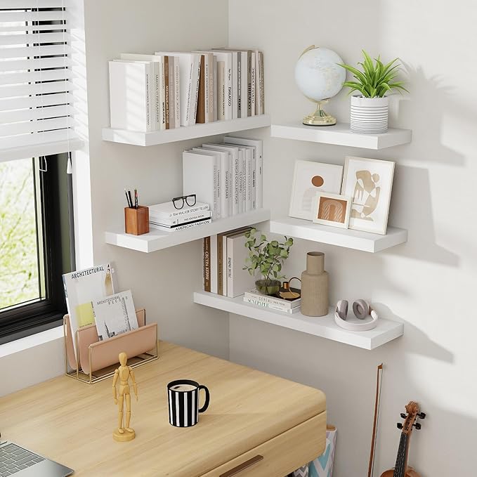 36 Inch Floating Shelves, 8 Inch Deep Floating Shelves for Wall, Hanging Shelf with Invisible Brackets, Deep Shelves for Bathroom, Bedroom, Living Room, White, Set of 2-CasaMuseHome