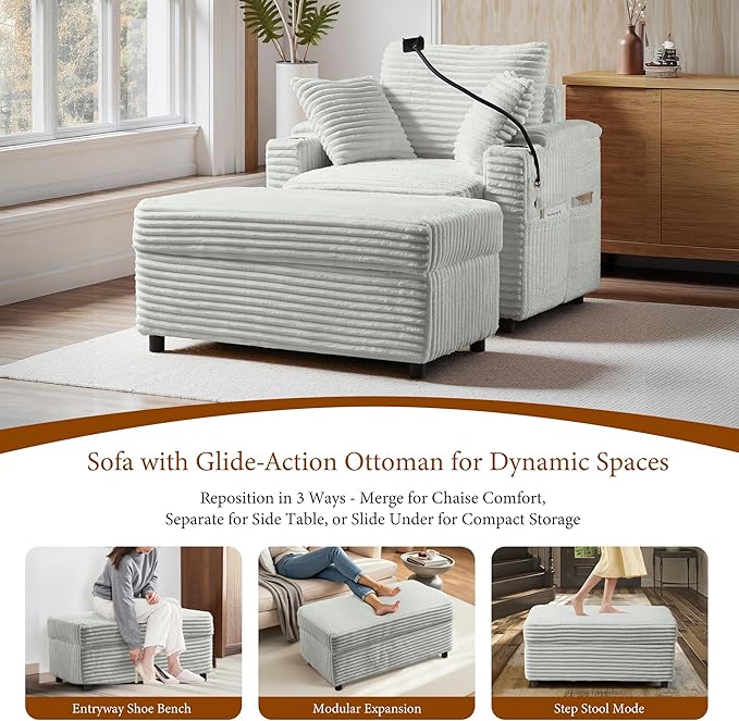 Accent Chair with Storage Ottoman Upholstered Living Room Chairs for Reading Chair with Chaise Lounge Chairs Indoor, Comfortable Armchair for Bedroom-CasaMuseHome