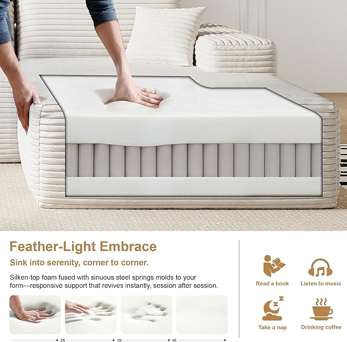 136" Sectional Couches for Living Room Modern Modular Sofa with L-Shape Couchs Upholstered Boneless Couch Deep Seat Sectional Couch with Chaise (White, Right Facing Chaise+3Seaters)-CasaMuseHome