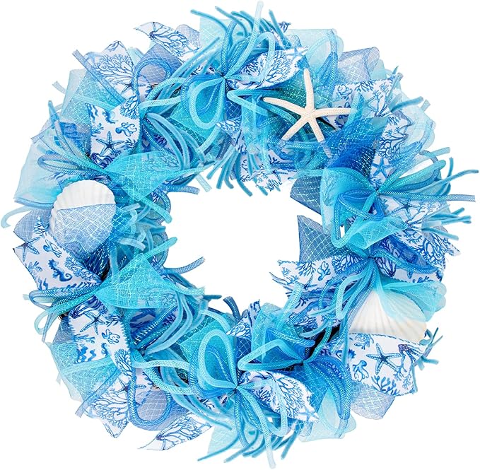 24 Inch Coastal Seashell Large Wreath with Natural Starfish & Scallops Shell, Blue Beach Style Front Door Wreath with for Spring Summer, Farmhouse Rustic Indoor Outdoor Home Wall Wedding Decor-CasaMuseHome