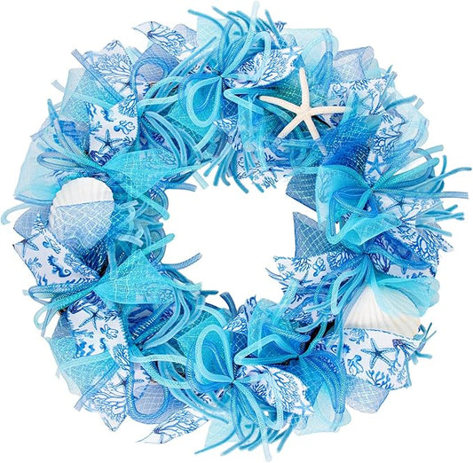 24 Inch Coastal Seashell Large Wreath with Natural Starfish & Scallops Shell, Blue Beach Style Front Door Wreath with for Spring Summer, Farmhouse Rustic Indoor Outdoor Home Wall Wedding Decor-CasaMuseHome