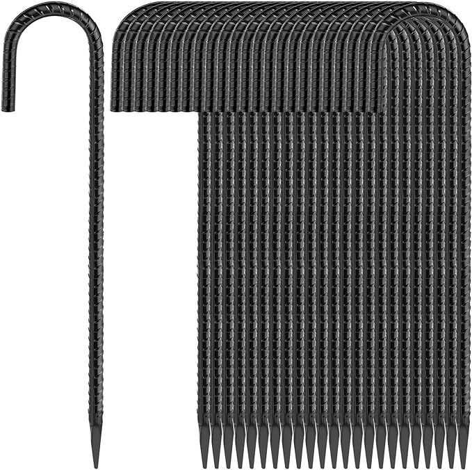 16 Inches 24-Pack J Hook Rebar Stakes Heavy Duty Tent Stakes with Chisel Point End, Steel Ground Anchors Metal Garden Stakes Chain Link Fence Stakes Black Coated-CasaMuseHome