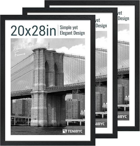 20x28 Picture Frame Set of 3 - Black Woodgrain, Solid Wood Gallery Poster Frame - Wall Hanging-CasaMuseHome