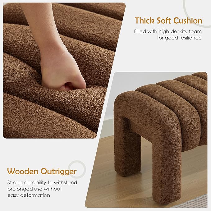 43.3" Bedroom Bench, Upholstered Entryway Bench, Modern End of Bed Ottoman with Solid Wood Legs and Adjustable Foot Pegs for Entryway, Dining Room and Living Room (Brown Boucle)-CasaMuseHome
