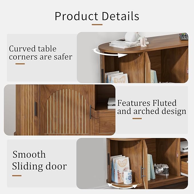 70" Fluted TV Stand for Tvs up to 80", Mid-Century Modern Entertainment Center with Drawers and Fluted Doors, Curved TV Media Console Table with Sliding Doors for Living Room, Bedroom (70")-CasaMuseHome