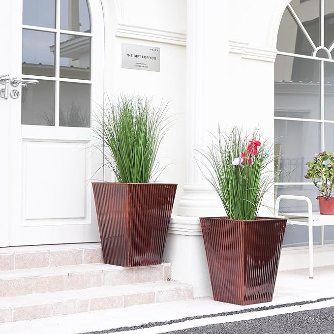 18in Vintage Handmade Metal Vertical Lines Copper Tapered Planters Set of 2, Galvanized Steel Planter Box with Drainage Hole for Indoor/Outdoor/Porch/Garden-CasaMuseHome