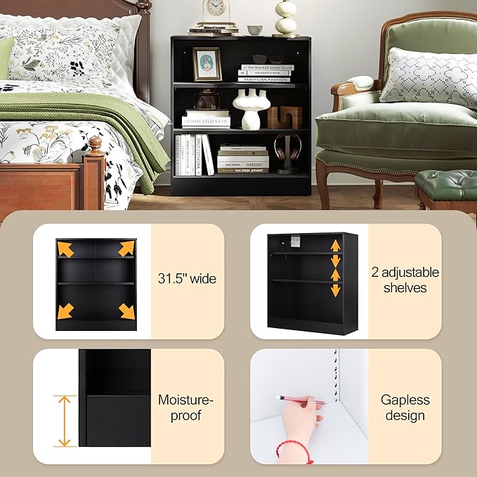 3-Tier Metal Open Shelf Bookcase, Bookcase with Adjustable Shelves, Floor Standing Book Shelf, Freestanding Display Storage Shelves, Curio Cabint Display Case for Small Places/Living Room/Corner-CasaMuseHome