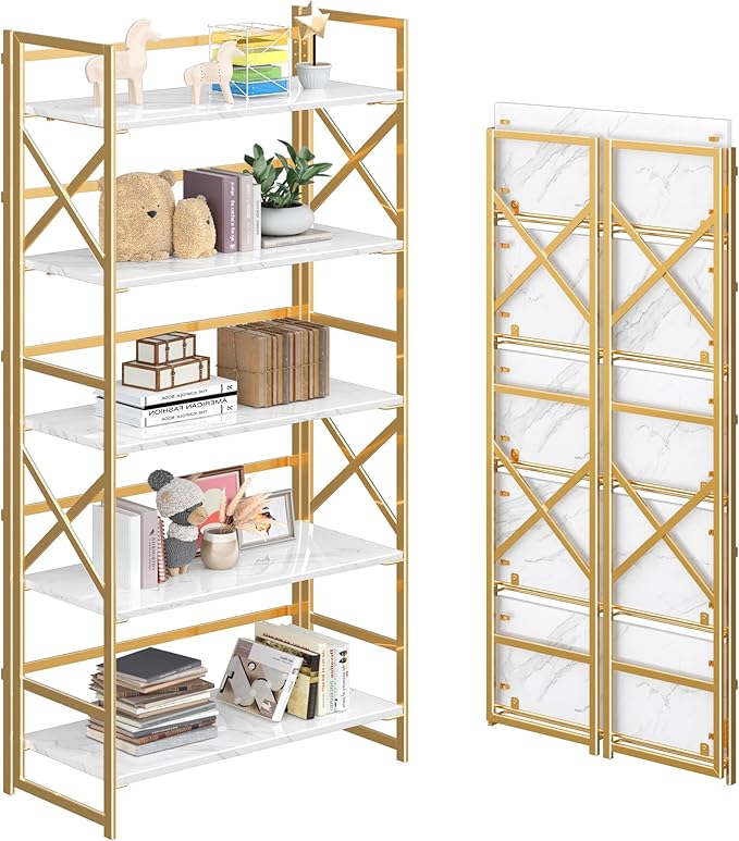 4NM 5 Tiers No Assembly Book Shelves, 51.2" H Folding Bookshelf Bookcase Open Industrial Foldable Shelves for Bedroom, Living Room, Home Office - White Gold-CasaMuseHome