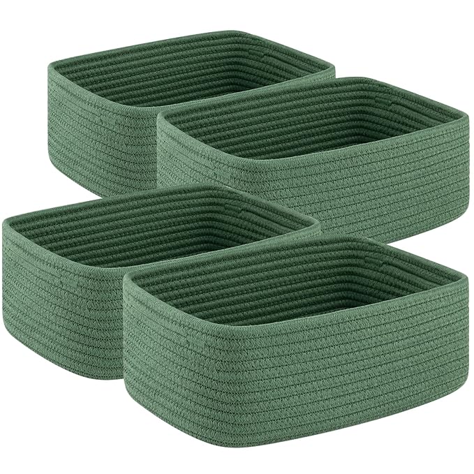 4 Pack Small Storage Shelf Baskets for Organizing, Mini Woven Rope Storage Bins for Towels, Cute Decorative Closet Organizer，Baby Nursery, Gift Empty Baskets -11.81''Lx7.87''Wx4.72''H-Green-CasaMuseHome