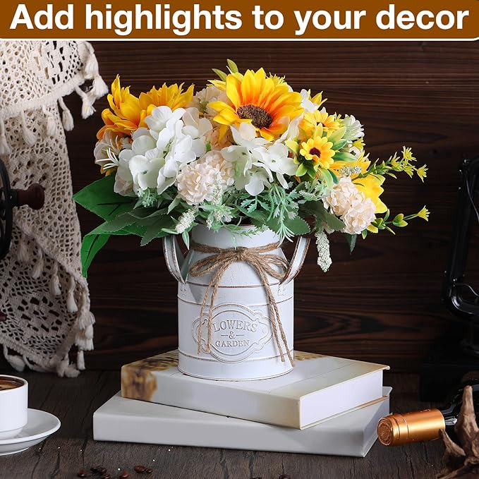 6 Inch Farmhouse Vase Decor Milk Can Vintage Flower Jug Galvanized Metal Vase with Handle Rustic Flower Buckets for Thanksgiving Christmas Table Centerpiece Weddings Gifts(Retro White,4 Pcs)-CasaMuseHome