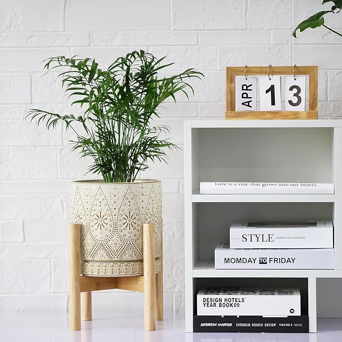 8 Inch Plant Pot with Stand, Ceramic Planter with Drainage Holes, Saucers and Mesh Pads for Indoor-Outdoor Plants-CasaMuseHome