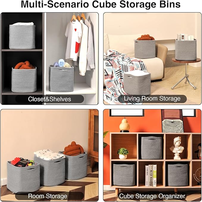 11 Inch Cube Storage Bins, Storage Cube Organizer Bins, Woven Cotton Rope Basket for Storage, Storage Baskets for Organizing Shelves, Grey Baskets for Toys Nursery, Grey (Pack of 3)-CasaMuseHome