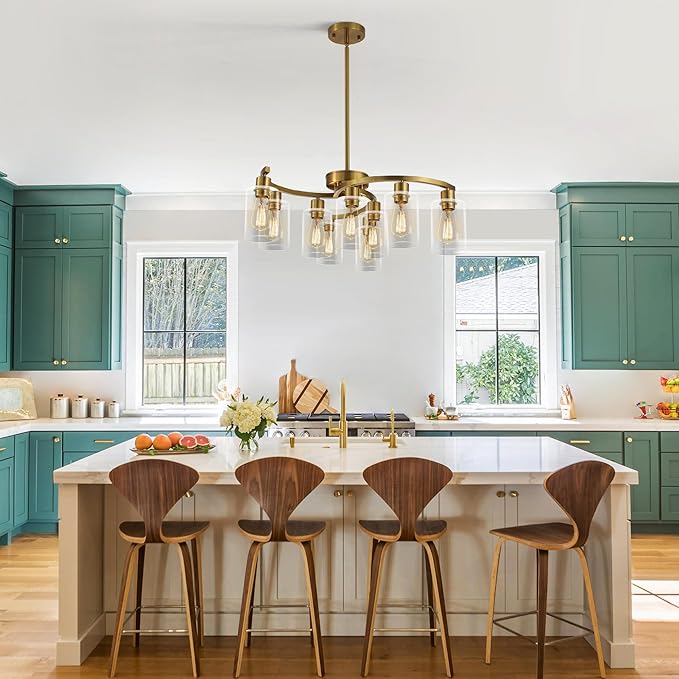 9-Light Gold Glass Chandelier, Adjustable Height Dining Room Light Fixtures Over Table, Contemporary Hanging Chandelier for Kitchen Island Living Room Foyer Office, Clear Glass Shade-CasaMuseHome