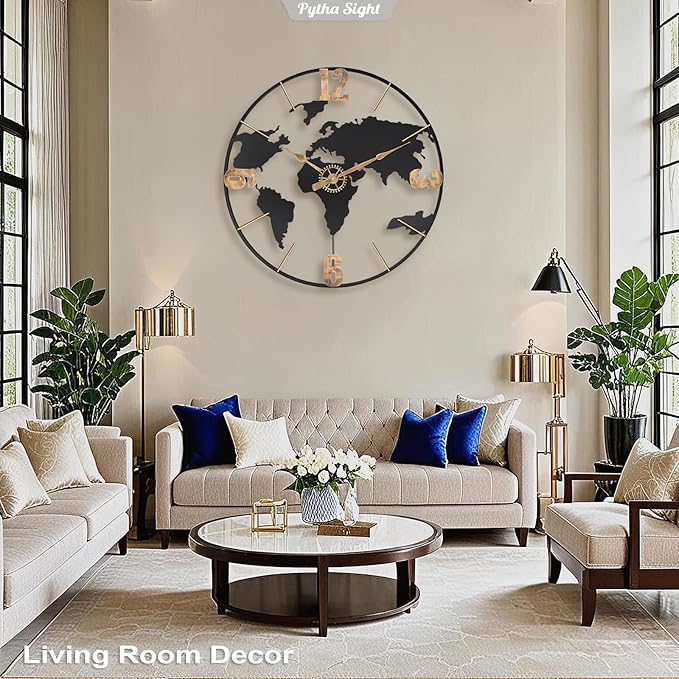 24 Inch Large Wall Clock,Modern Decorative Big World Map with Vintage Gold Arabic Numeral Extra Giant Metal Oversized Wall Clocks for Living Room,Office,Kitchen,Dining Room,Bedroom-CasaMuseHome