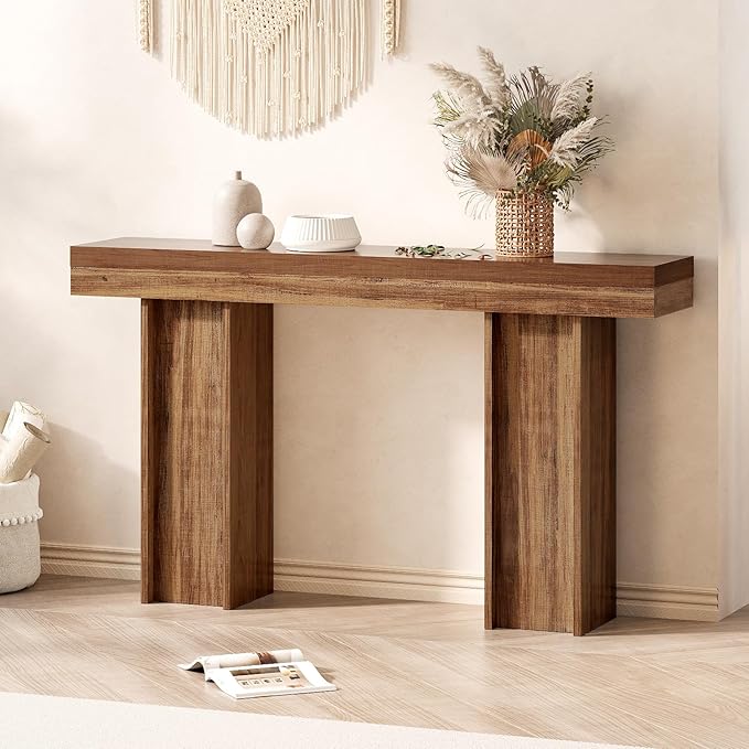 55Inch Farmhouse Console Table,Wooden Rectangular Sofa Table Behind The Couch,Entryway Console Table with Storage for Living Room, Hallway,Entrance (Light Brown)-CasaMuseHome