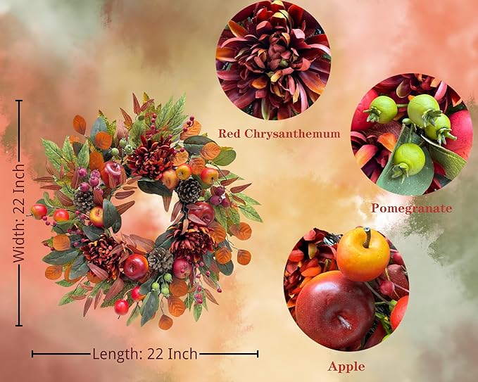 22 Inch Fall Chrysanthemum Wreath Harvest Floral Wreath with Apples Pinecones Berries and Eucalyptus Maple Leaves for Fall Thanksgiving Halloween Mantel Table Outdoor Front Door Wall Window-CasaMuseHome