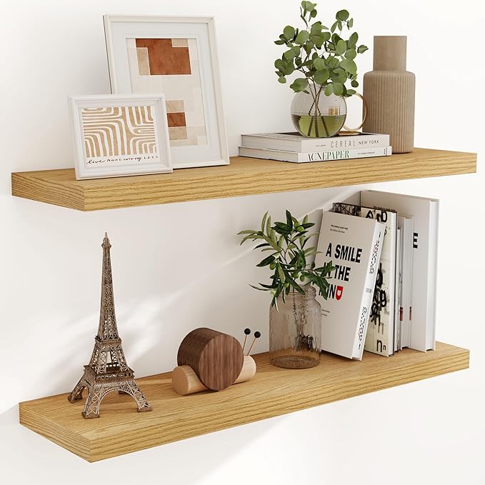 40 Inch Floating Shelvese, 40" W x 9" D Floating Shelf Set of 2, Farmhouse Wood Wall Shelves for Bedroom, Kitchen, Wall Mounted Deep Shelving for Home Decor, Oak Color-CasaMuseHome
