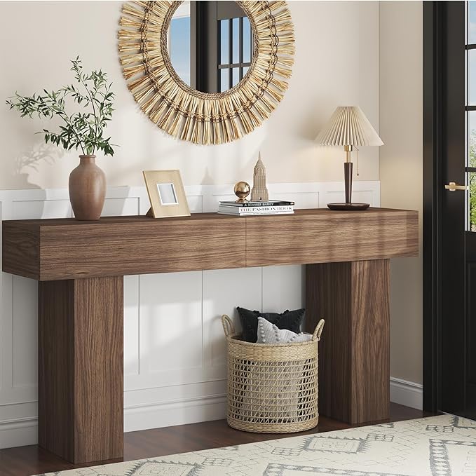 63 Inch Long Console Table for Entryway, Farmhouse Wood Rectangular Sofa Table Behind Couch Table, Narrow Entryway Table for Living Room, Entrance, Hallway, Foyer, Easy Assembly (Brown)-CasaMuseHome