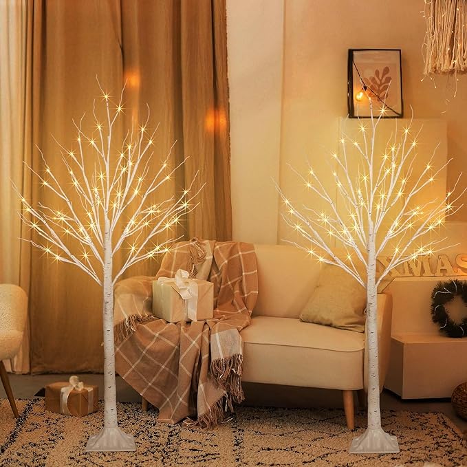 2 Pack 4FT 100LED Christmas Lighted Birch Tree, Timer Function Prelit Artificial Tree Lamp Plug in with Warm White Lights, 2 Modes Twinkling Twig Trees for Indoor Outdoor Party Christmas Decorations-CasaMuseHome
