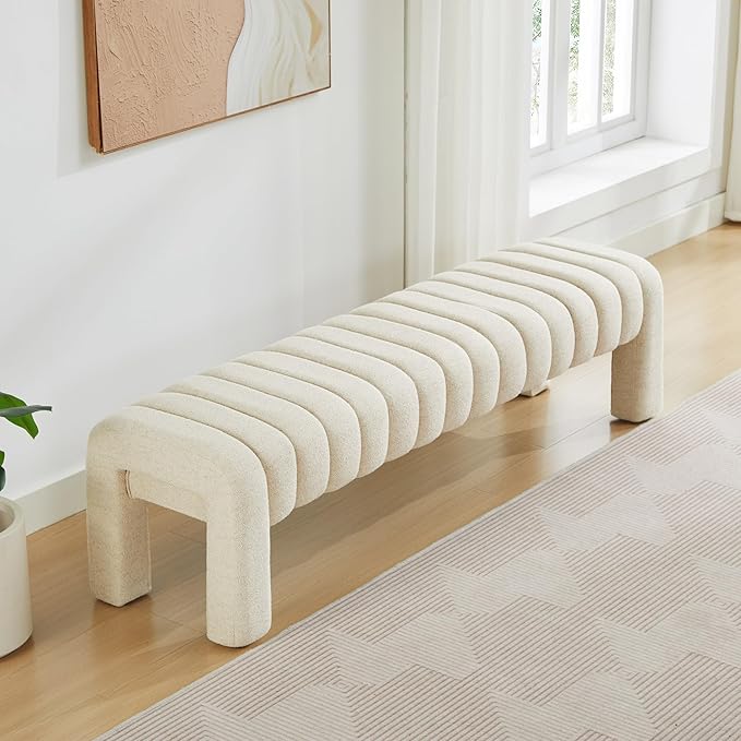 63" Bedroom Bench, Upholstered Entryway Bench, Modern End of Bed Ottoman with Solid Wood Legs and Adjustable Foot Pegs for Entryway, Dining Room and Living Room (Beige Linen)-CasaMuseHome