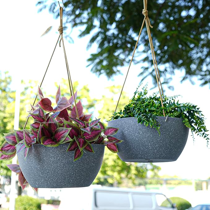 13 Inch 2 Pack Large Hanging Planters for Indoor Outdoor Plants, Plastic Hanging Basket Pots for House Plants Flowers, Grey-CasaMuseHome