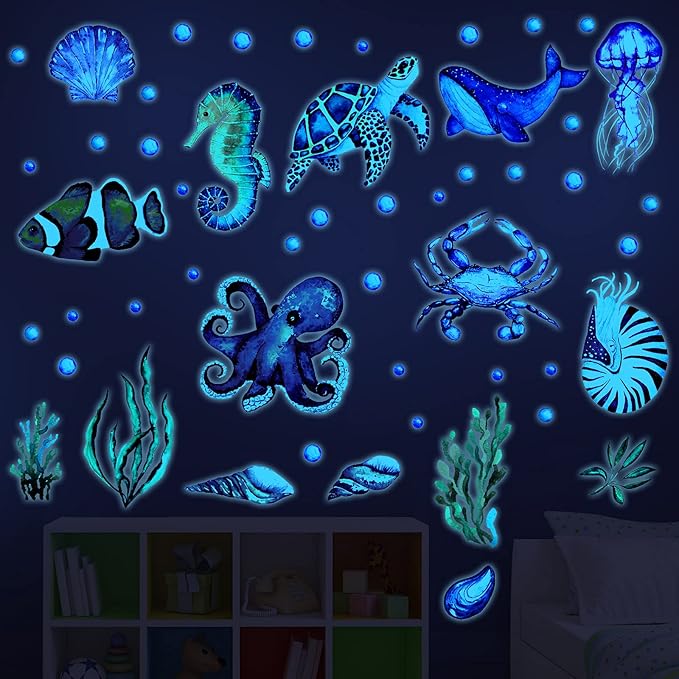 52 Pcs Ocean Fish Wall Decals Glow in The Dark Under The Sea Wall Decals Sea Animals Stickers Removable Waterproof Peel and Stick for Kids Bathroom Watercolor Ocean Decor(Funny Style)-CasaMuseHome
