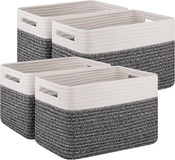4 Pack Storage Baskets for Organizing, Woven Baskets for Shelves - Perfect for Toys, Books, Towels, and Clothes, Durable Gift Basket Bins Toy Storage, 13''Lx9''Wx7.8''H, Black & White-CasaMuseHome