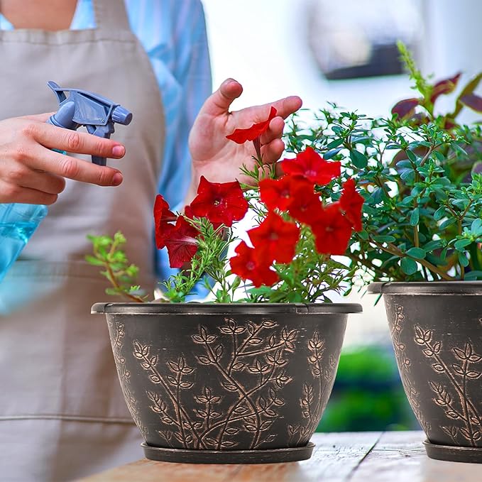 12-inch-Flower-Pots-Outdoor-Indoor, 4 Pack Plastic Planter Pots for Plant with Drainage Hole Saucer, Decorative Resin Garden Container with Tray-CasaMuseHome