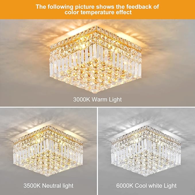 4-Light Gold Crystal Chandeliers Flush Mount Chandelier Light Fixture with K9 Crystals Modern Ceiling Lights Elegant Square Lamp for Bedroom,Hallway,Bar,Living Room,Dining Room,H5.9 xW13.7-CasaMuseHome