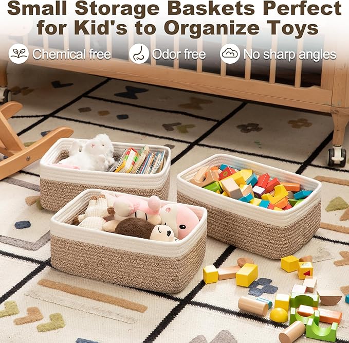 3 Pack Small Storage Baskets for Organizing, Cute Woven Decorative Gift Baskets for Shelves, Mini Closet Organizer Bins with Handles, 11.81''Lx7.87''Wx4.72''H-Brown and White-CasaMuseHome