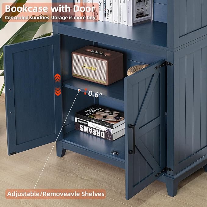 70in Tall Bookshelf 5 Tier Bookcase with Barn Doors and Adjustable Shelves, Blue Farmhouse Book Shelf with Storage Cabinet, Wood Freestanding Display Bookshelves for Bedroom, Living Room-CasaMuseHome