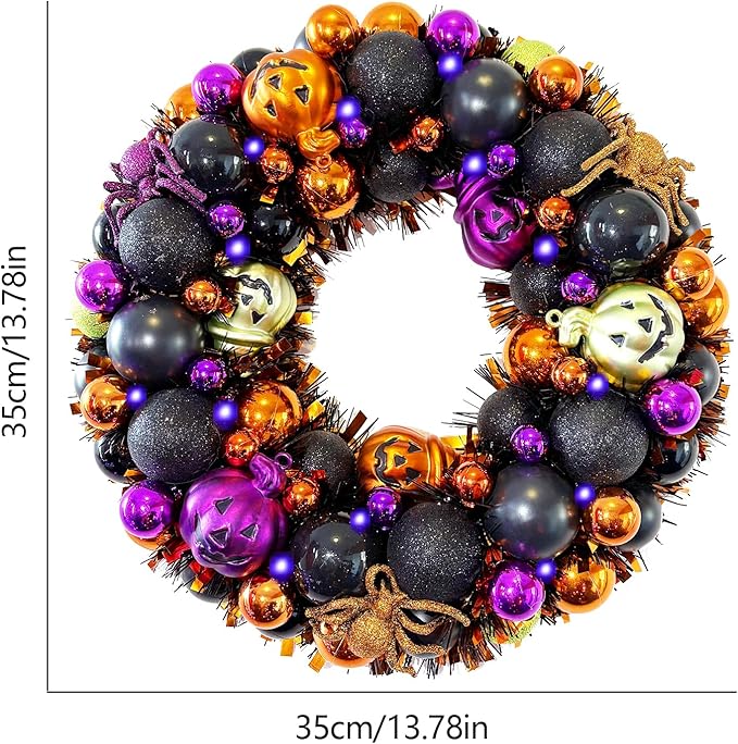 13.8 Inch Halloween Ball Wreath for Front Door with Lights, Lighted Cute Treat-or-Trick Door Wreath Ball Ornament for Halloween Indoor Decorations Centerpiece Party Holiday Wall Home Decor-CasaMuseHome
