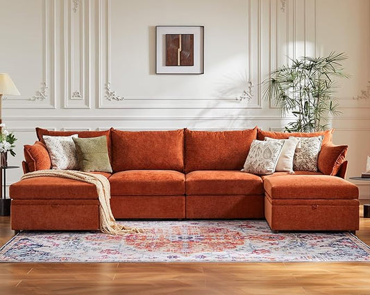 134.6" Oversized Modular Sectional Sofa, 6 Seater U Shaped Couch with Storage Ottoman with Reversible Chaise Deep Seat for Living Room, Apartment - Chenille Terracotta Orange-CasaMuseHome