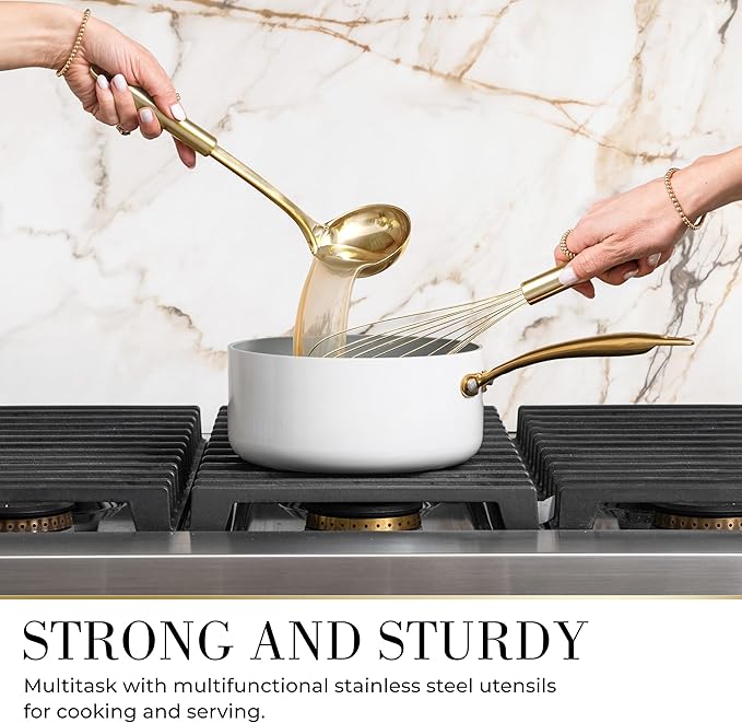 7-Piece Beige & Gold Kitchen Utensils Set – Non-Toxic Silicone & Stainless Steel Tools for Cooking, Serving, & Hosting – Ideal for Nonstick Cookware & Modern Kitchens, with Gold Utensil Holder-CasaMuseHome