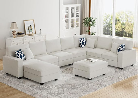 L Lengend Vansen Modular Sectional Sofa U Shaped Couch with Ottoman Modern Reversible Corner Sectional Couch for Living Room (Cream, U Shaped Sofa-5)-CasaMuseHome